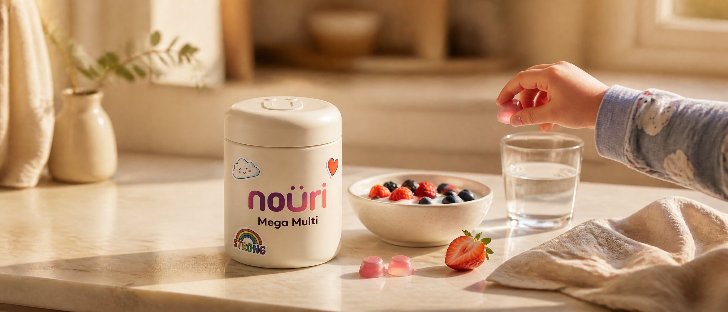A small child reaches for a Nouri Mega Multi gummy beside a bowl of berries and yoghurt — warm Australian kitchen morning