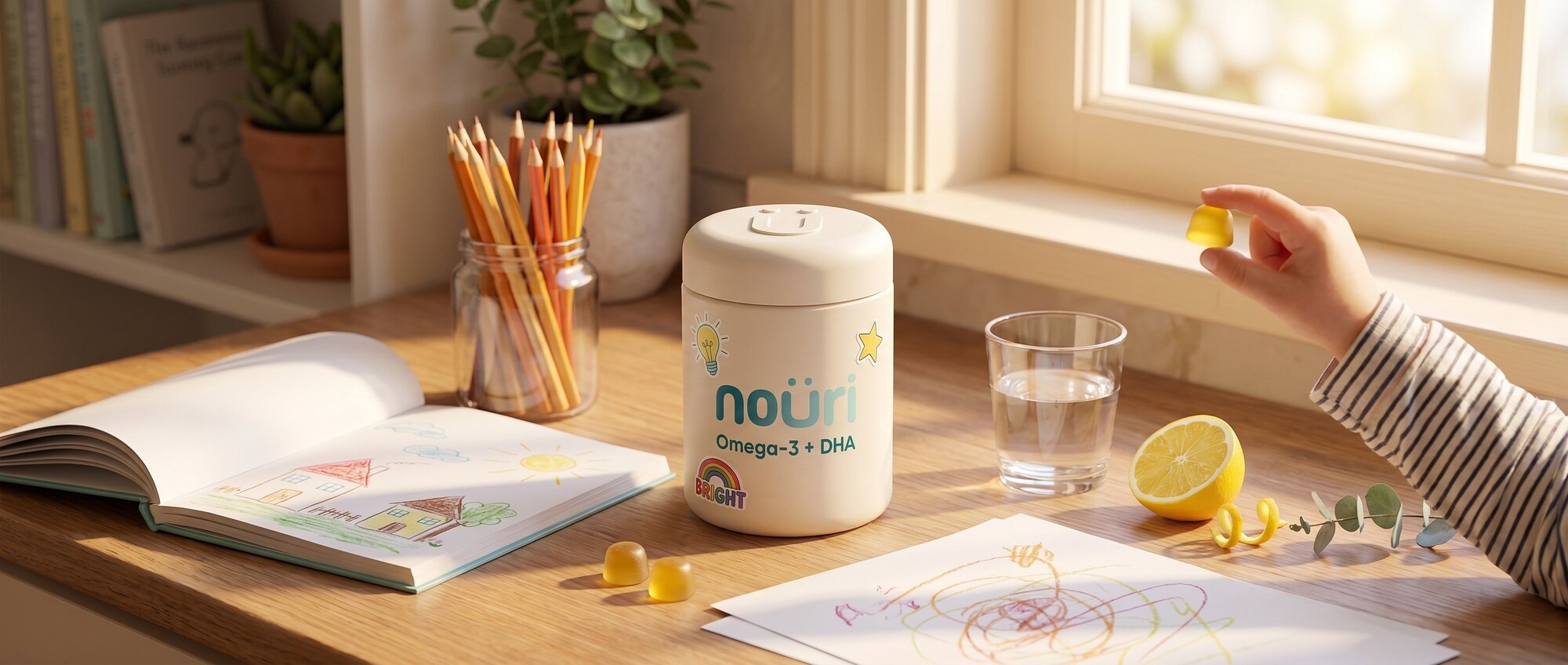 Nouri Omega-3 + DHA canister on a study desk with coloured pencils and a child's drawing