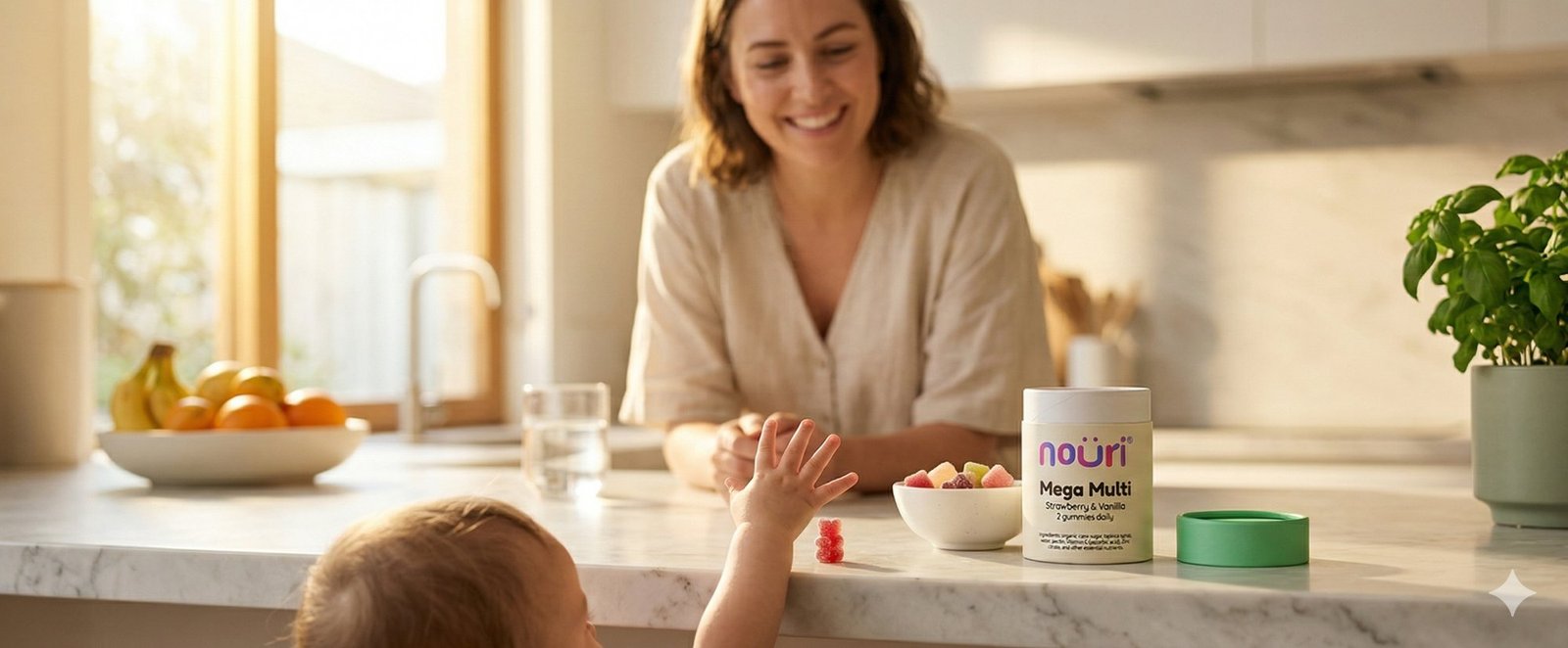 Mum smiling while child reaches for a Nouri gummy